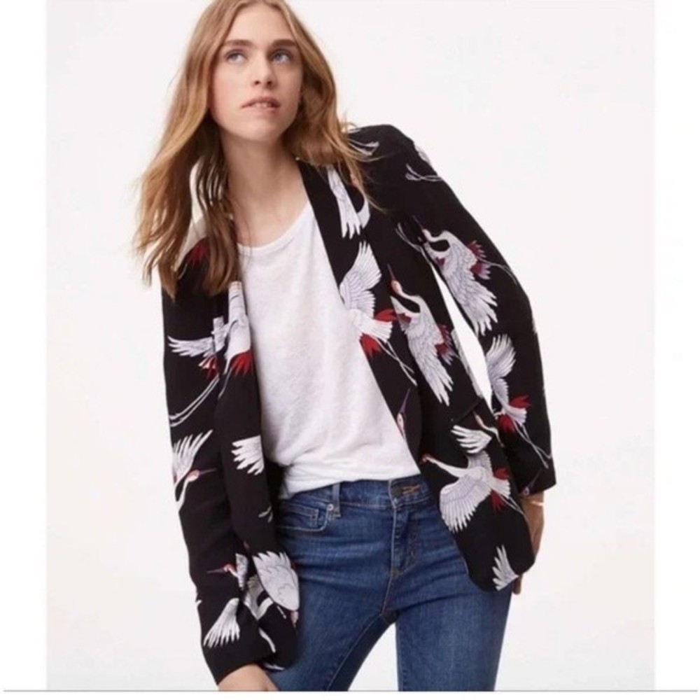 LOFT Black and White Crane Print Jacket